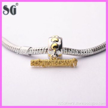 Customized 925 Stamp Loving Heart Silver Charms with gold letters Listing Fits For European Bracelets & Necklaces& Pendants